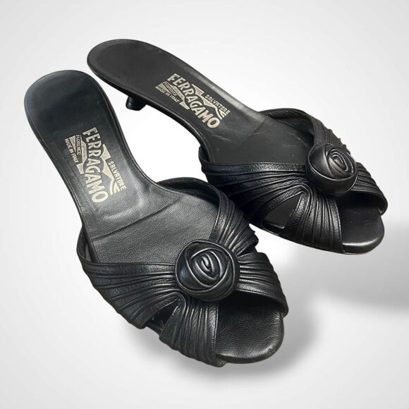 Salvatore Ferragamo Women Black Mule Sandals Sz 7.5 Peep Toe Kitten Heel Leather - Picture 2 of 10
